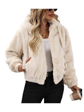 Womens Faux Fur Cropped Hooded Zip Jacket Warm Winter Coat